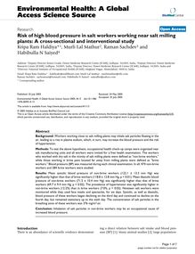 Risk of high blood pressure in salt workers working near salt milling plants: A cross-sectional and interventional study