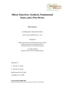 Silicon nanowires [Elektronische Ressource] : synthesis, fundamental issues, and a first device / von Volker Schmidt