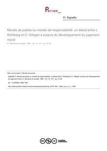 Morale de justice ou morale de responsabilité: un débat entre L Kohlberg et C. Gilligan à propos du développement du jugement moral - article ; n°1 ; vol.10, pg 21-38