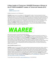 A New Leader of Tomorrow: WAAREE Emerges a Winner at the ET NOW-IndiaMART Leader of Tomorrow Awards 2012
