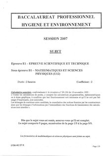 Mathématiques et sciences physiques 2007 Bac Pro - Hygiène et environnement