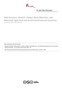 Note de lecture. Gerald A. Carlson, David Zilberrman, John Miranowski Agricultural and environmental resource economics   ; n°1 ; vol.228, pg 59-59