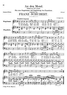 Partition complète, An den Mond, D.259, To the Moon, E♭ major, Schubert, Franz