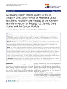 Measuring health-related quality of life in children with cancer living in mainland China: feasibility, reliability and validity of the Chinese mandarin version of PedsQL 4.0 Generic Core Scales and 3.0 Cancer Module