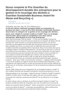 Desso remporte le Prix Guardian du développement durable des entreprises pour la gestion et le recyclage des déchets (« Guardian Sustainable Business Award for Waste and Recycling »)