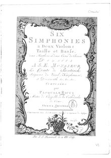 Partition parties complètes, 6 Symphonies, Op.2, Six Simphonies a Deux Violons, Taille & Basse, deux Hautbois et deux Cors de Chasse
