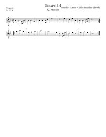 Partition ténor viole de gambe 2, octave aigu clef, Menuet, Aufschnaiter, Benedikt Anton