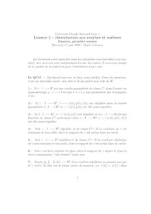 Universite Claude Bernard Lyon Licence Introduction aux courbes et surfaces