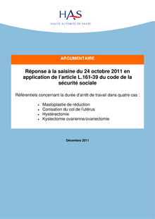 Avis de la HAS sur les référentiels concernant la durée d’arrêt de travail  saisine du 24 octobre 2011 en application de l’article L.161-39 du code de la sécurité sociale