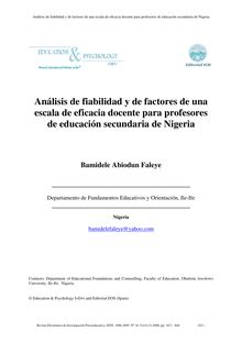 Reliability and Factor Analyses of a Teacher Efficacy Scale for Nigerian Secondary School Teachers (Análisis de fiabilidad y de factores de una escala de eficacia docente para profesores de educación secundaria de Nigeria)