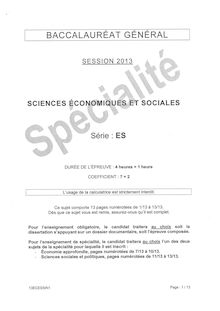 Sujet du Bac ES 2013: sciences économiques spécialité (Pondichéry)