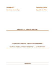 Rapport Berger - Lefebvre : Dynamiser l épargne financière des ménages pour financer l investissement et la compétitivité
