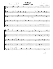 Partition , Dura legge d Amor - partition complète -  transposed (Tr Tr T T B), madrigaux pour 5 voix