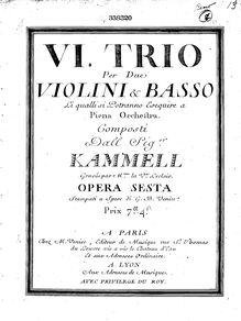 Partition Basso (unfigured), VI trio, per due violini & basso, li quali si potranno esequire a piena orchestre