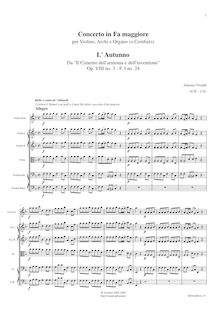 Partition complète, violon Concerto en F major, RV 293, L autumno (Autumn) from Le quattro stagioni (The Four Seasons) par Antonio Vivaldi