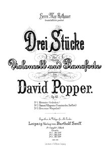 Partition , Memoire, 3 pièces pour violoncelle et Piano, Op.62, Popper, David