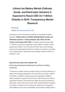 Lithium Ion Battery Market (Cathode, Anode, and Electrolytic Solution) is Expected to Reach USD 33.11 Billion Globally in 2019: Transparency Market Research