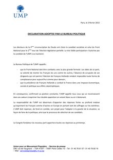 Doubs - UMP - Déclaration adoptée par le Bureau Politique