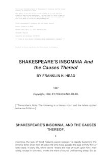 Shakespeare s Insomnia, and the Causes Thereof