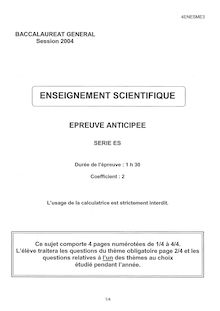 Sujet du bac ES 2004: Enseigement Scientifique