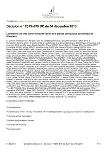 Loi relative à la lutte contre la fraude fiscale et la grande délinquance économique et financière : Décision n° 2013−679 DC du 04 décembre 2013