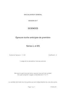 Sujet Bac L 2017 Pondy  - épreuve anticipée de sciences