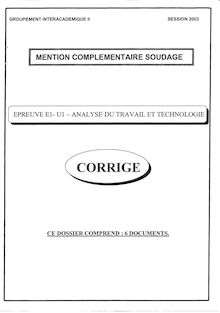 Corrige MC SOUDAGE Analyse du travail et technologie 2003