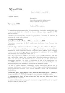 Lettre Fédération Bourg-la-Reine Environnement à Martine Parèsys
