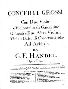 Partition viole de gambe, Instrumental-Concerte. Op.3, Handel, George Frideric