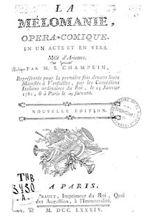 Partition Libretto, La Mélomanie, Champein, Stanislas