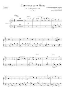 Partition Piano, Piano Concerto No.11, F major, Mozart, Wolfgang Amadeus