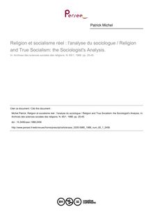 Religion et socialisme réel : l analyse du sociologue / Religion and True Socialism: the Sociologist s Analysis. - article ; n°1 ; vol.65, pg 25-45