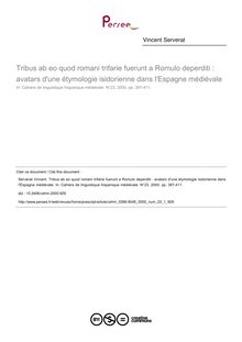 Tribus ab eo quod romani trifarie fuerunt a Romulo deperditi : avatars d une étymologie isidorienne dans l Espagne médiévale - article ; n°1 ; vol.23, pg 397-411