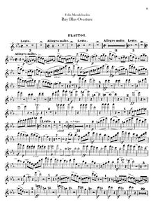 Partition flûte 1, 2, Ruy Blas Overture, Op.95, Mendelssohn, Felix