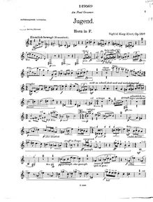 Partition cor (en F), Jugend, Jugend: Musik (H dur) für Flöte, Clarinette in A, Horn und Klavier, Op.139a.