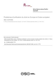 Problèmes d unification du droit en Europe et Code européen des contrats - article ; n°4 ; vol.54, pg 1075-1103