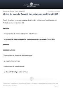 Ordre du jour du Conseil des ministres du 29 mai 2013