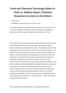 Food and Chemical Toxicology Editor-in-Chief, A. Wallace Hayes, Publishes Response to Letters to the Editors