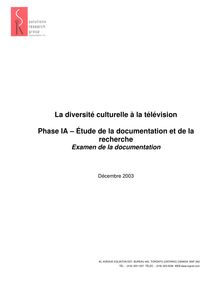 La diversité culturelle à la télévision - Phase IA – Étude de la documentation et de la recherche