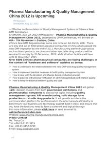 Pharma Manufacturing & Quality Management China 2012 is Upcoming