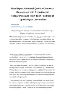 New Expertise Portal Quickly Connects Businesses with Experienced Researchers and High-Tech Facilities at Top Michigan Universities
