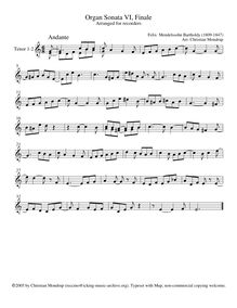 Partition ténor enregistrement  1-2, 6 sonates pour orgue, Mendelssohn, Felix