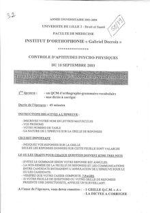 Orthographe grammaire vocabulaire 2003 Institut d Orthophonie Gabriel Decroix Université Lille 2