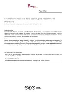 Les membres résidants de la Société, puis Académie, de Pharmacie - article ; n°249 ; vol.69, pg 118-120