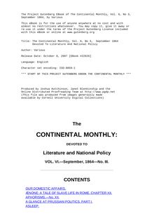 The Continental Monthly, Vol. 6, No 3,  September 1864 - Devoted To Literature And National Policy