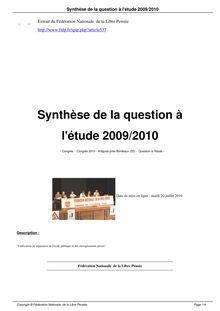 Synthèse de la question à l étude 2009 2010
