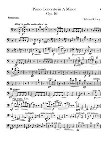Partition violoncelles, Piano Concerto en A minor, Op.16, Grieg, Edvard