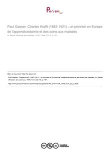 Paul Gasser, Charles Krafft (1863-1921) ; un pionnier en Europe de l appendicectomie et des soins aux malades  ; n°2 ; vol.32, pg 191-191