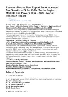 ResearchMoz.us New Report Announcement: Dye Sensitized Solar Cells: Technologies, Markets and Players 2012 - 2023 - Market Research Report
