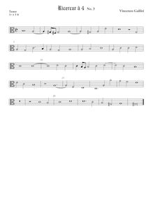 Partition ténor viole de gambe 2 (alto clef), Intavolature de lauto, madrigali e ricercare par Vincenzo Galilei
